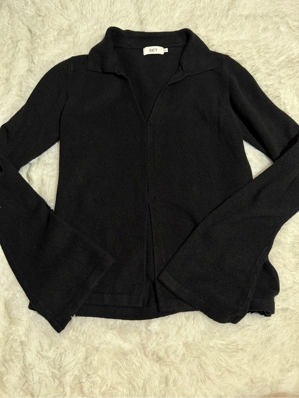SET Active XL Black V Neck Cardigan Sweater Bell Sleeves Collared Knit Top Refor
